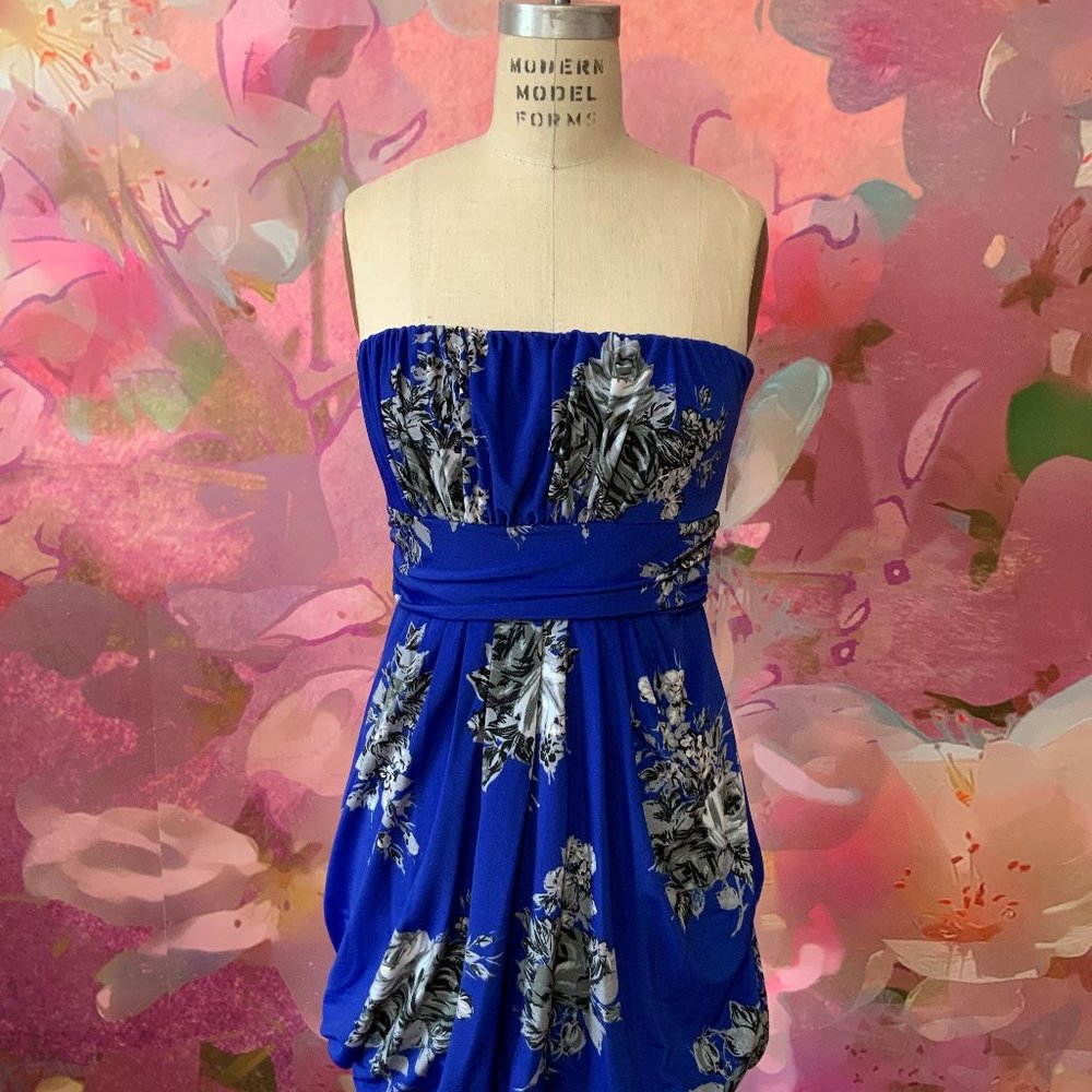 Floral Blue Strapless Mini Dress - $10